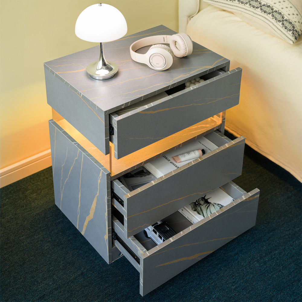 LED Nightstand with 3 Drawers & Acrylic Board — Multi-Color RGB LED Bedside Table | Modern Dresser | Spacious Nightstand Storage | Remote-Controlled Lighting | Bedroom, Living Room & Dorm | Particle Board + MDF | Grey+Gold
