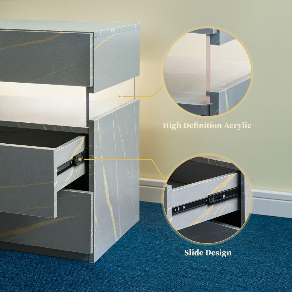 LED Nightstand with 3 Drawers & Acrylic Board — Multi-Color RGB LED Bedside Table | Modern Dresser | Spacious Nightstand Storage | Remote-Controlled Lighting | Bedroom, Living Room & Dorm | Particle Board + MDF | Grey+Gold