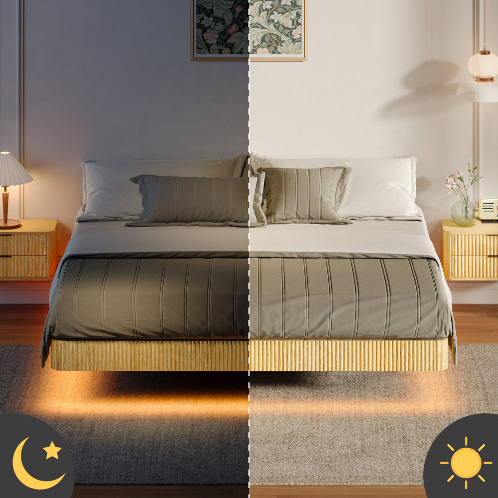 Oak King Floating Bed Frame with LED Lights
