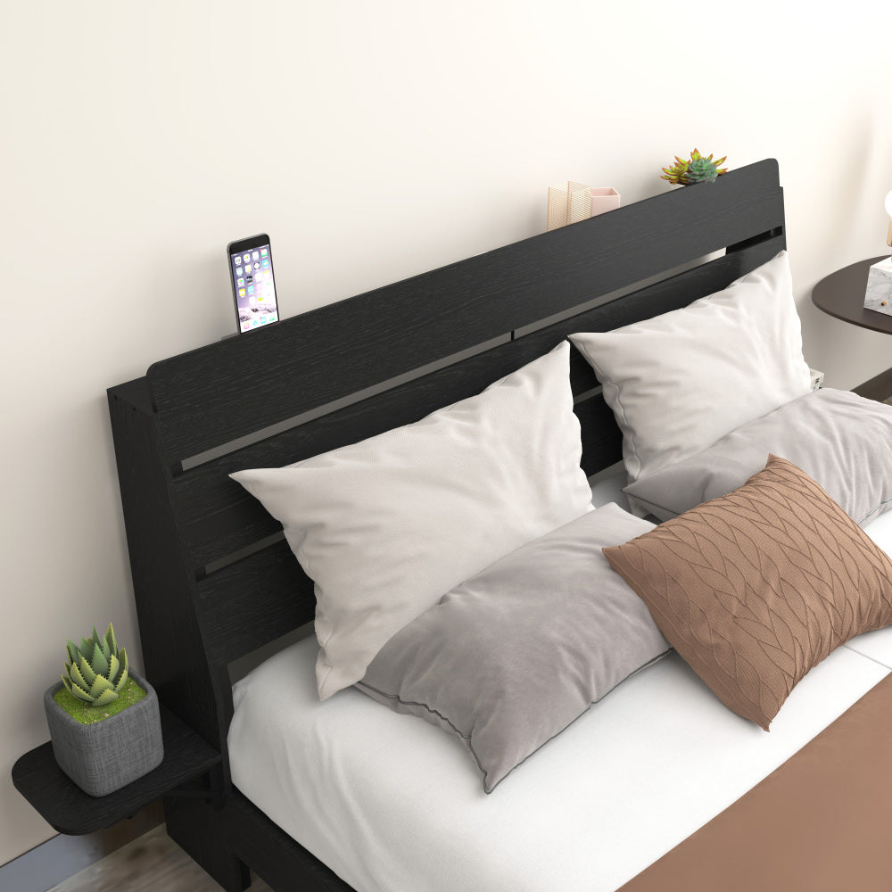 Wood Platform Bed with Bookshelf Storage Headboard