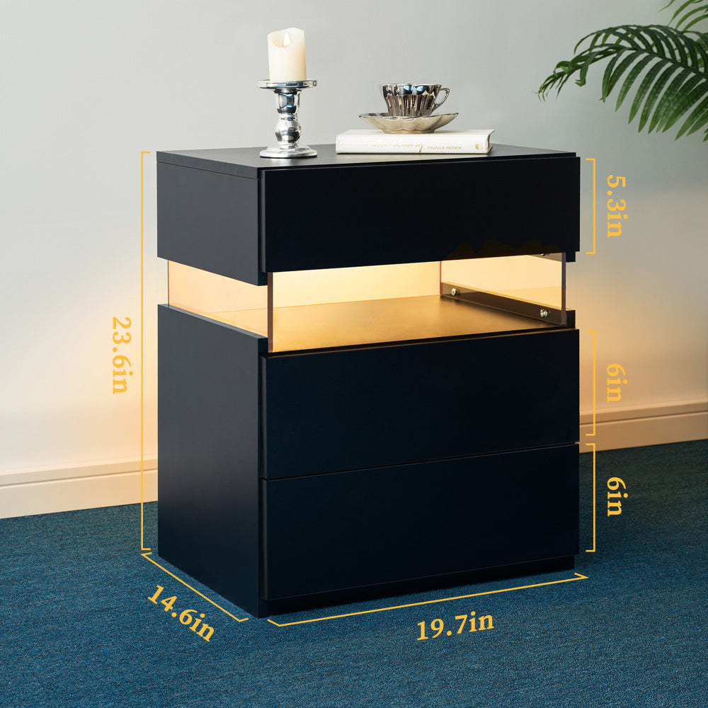 LED Nightstand with 3 Drawers & Acrylic Board — Multi-Color RGB LED Bedside Table | Modern Dresser | Spacious Nightstand Storage | Remote-Controlled Lighting | Bedroom, Living Room & Dorm | Particle Board + MDF | Grey+Gold
