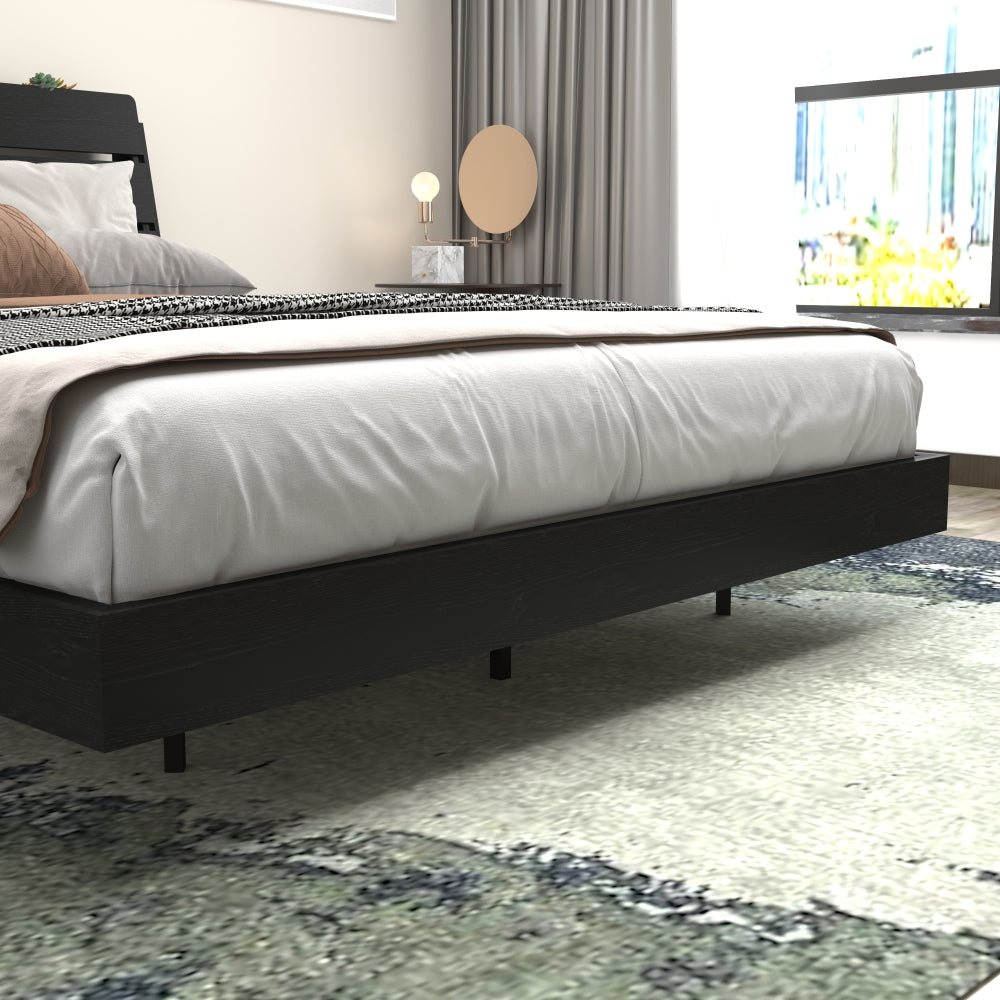 Wood Platform Bed with Bookshelf Storage Headboard