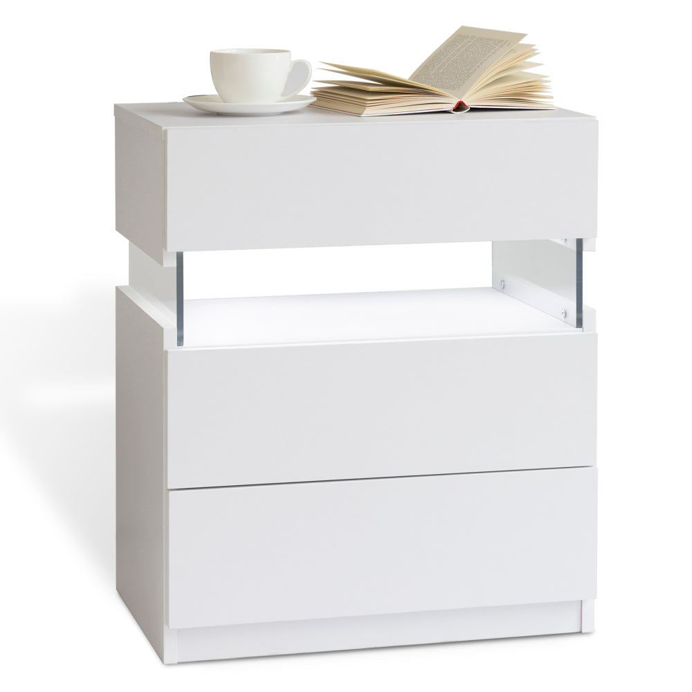 LED Nightstand with 3 Drawers & Acrylic Board — Multi-Color RGB LED Bedside Table | Modern Dresser | Spacious Nightstand Storage | Remote-Controlled Lighting | Bedroom, Living Room & Dorm | Particle Board + MDF | Grey+Gold
