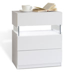 LED Nightstand with 3 Drawers & Acrylic Board — Multi-Color RGB LED Bedside Table | Modern Dresser | Spacious Nightstand Storage | Remote-Controlled Lighting | Bedroom, Living Room & Dorm | Particle Board + MDF | Grey+Gold