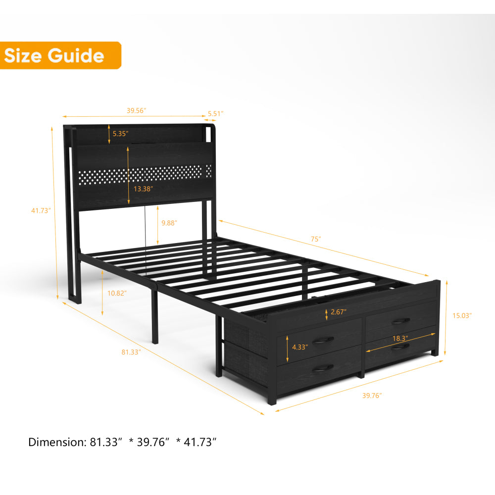 Metal Platform Bed with 4 Storage Drawers
