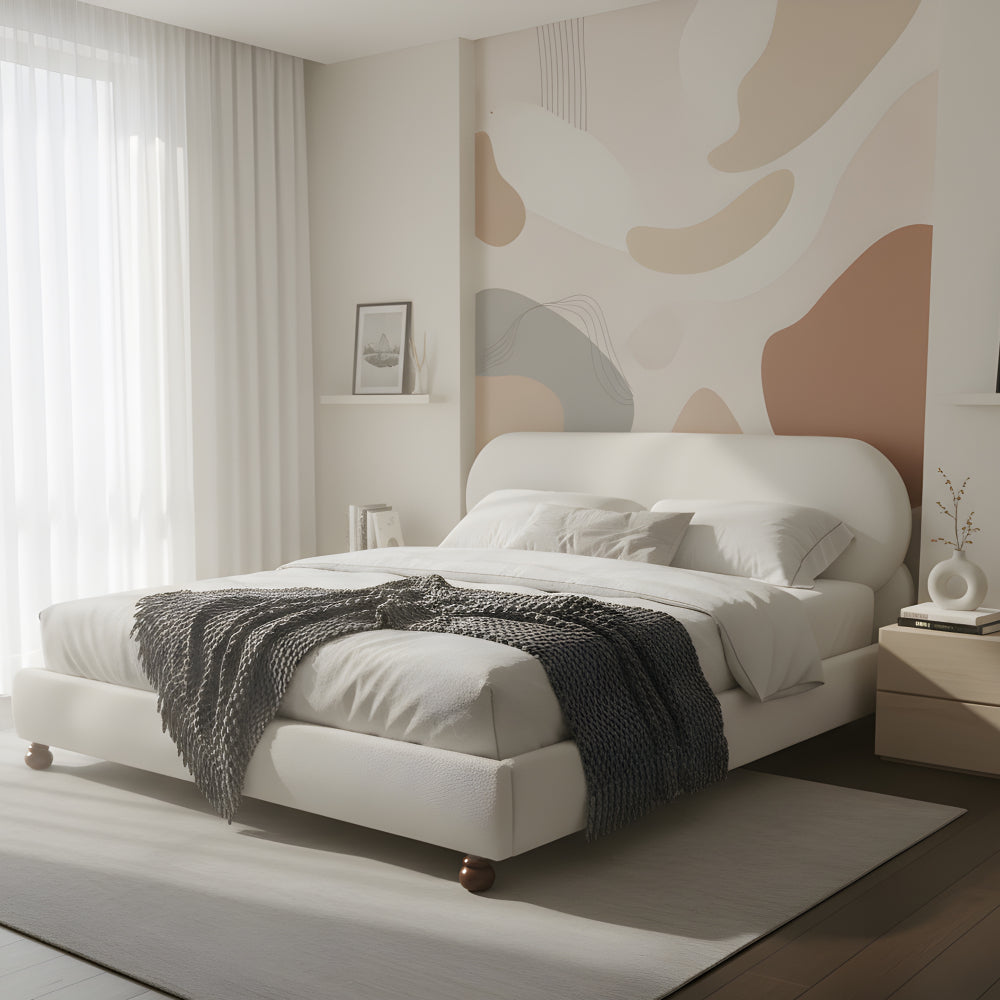 Cream Boucle Upholstered Platform Bed