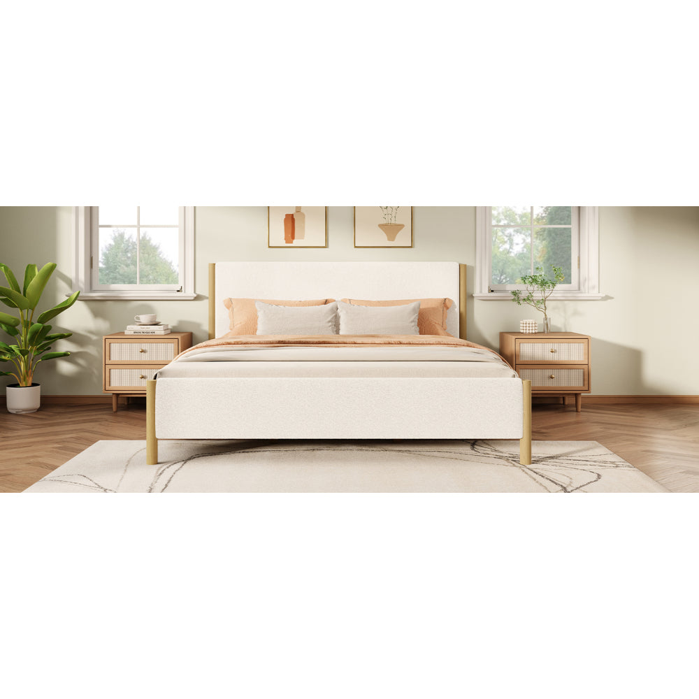 White Boucle Upholstered Platform Bed