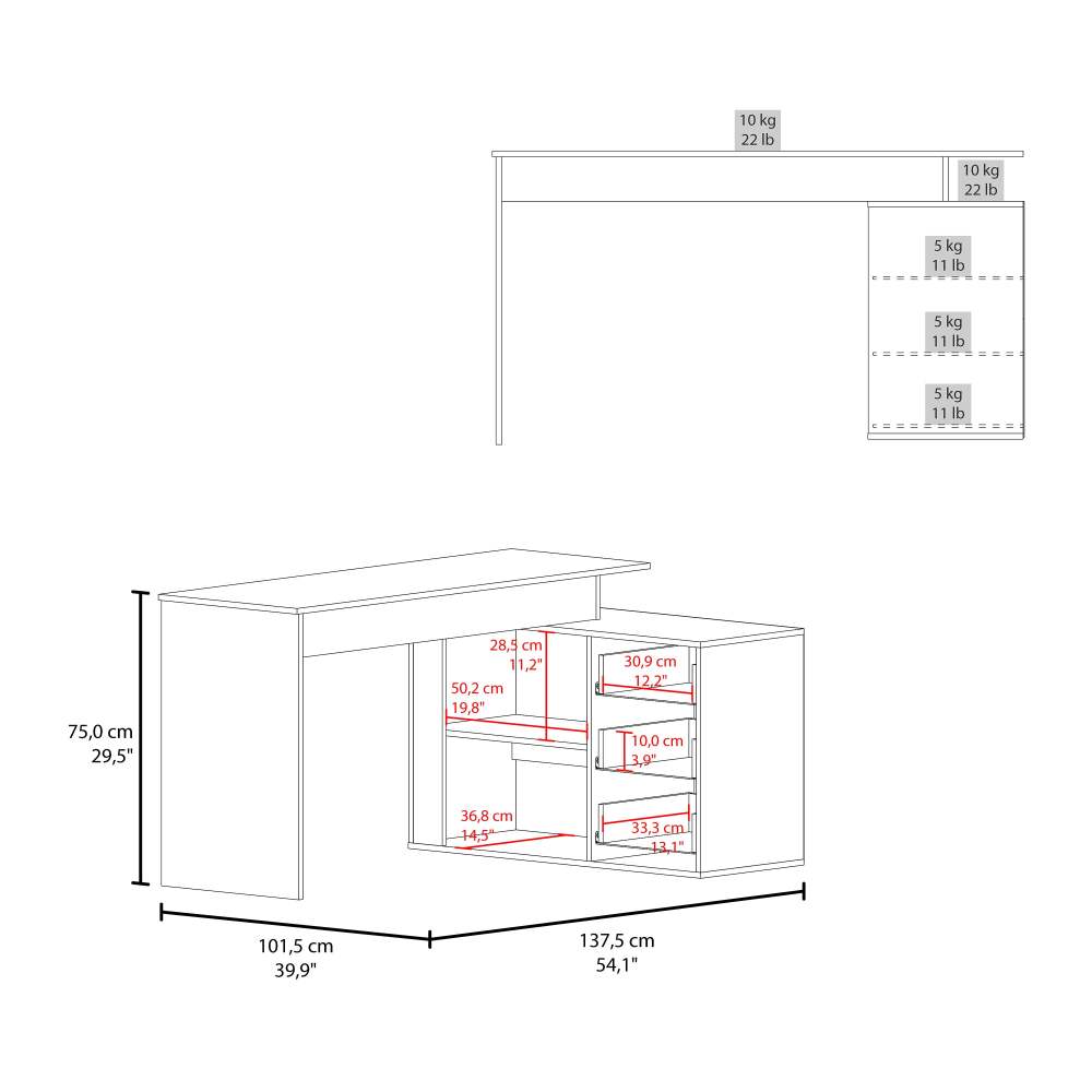 Wenge L-Shaped Desk with 3 Drawers and Storage