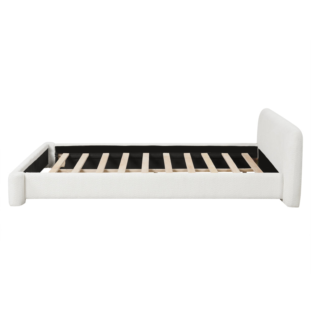 White Boucle Upholstered Low Profile Platform Bed