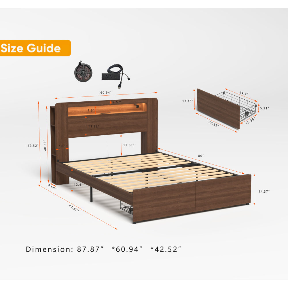 Wood Platform Bed with Bookshelf Storage Headboard