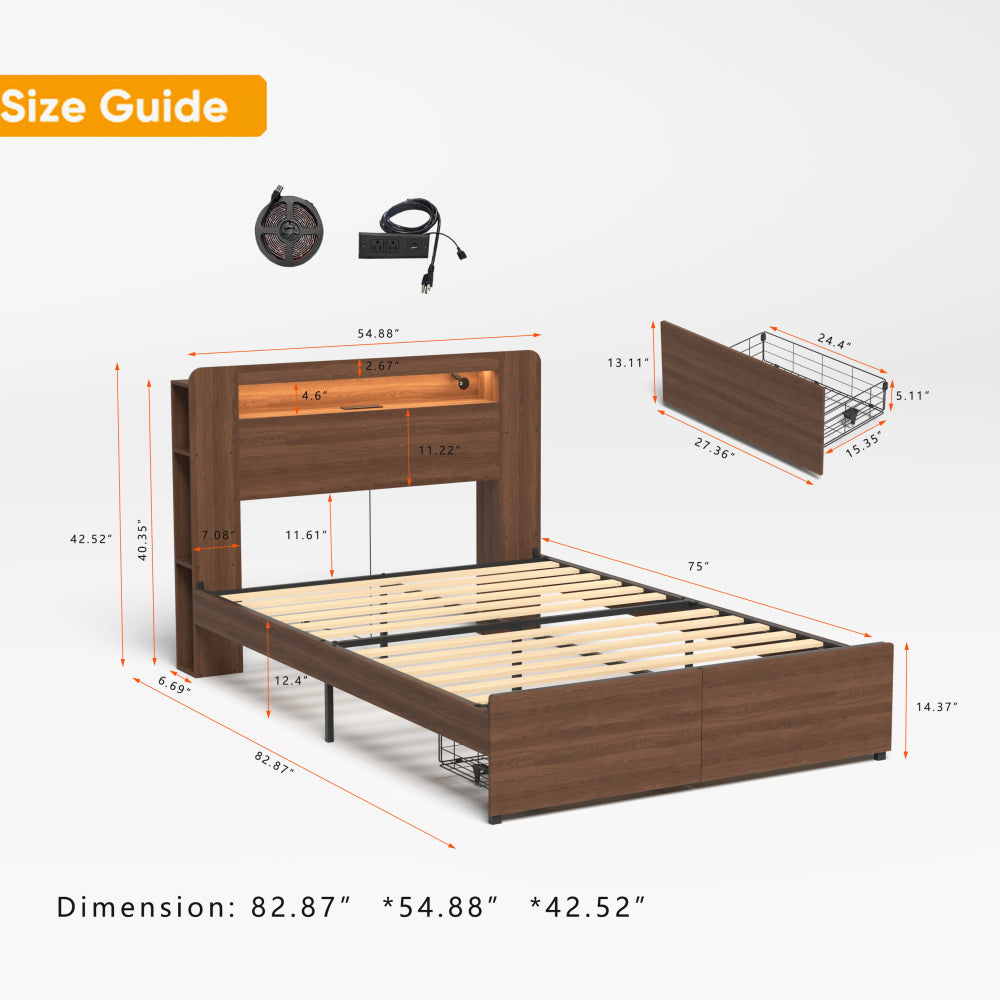 Wood Platform Bed with Bookshelf Storage Headboard