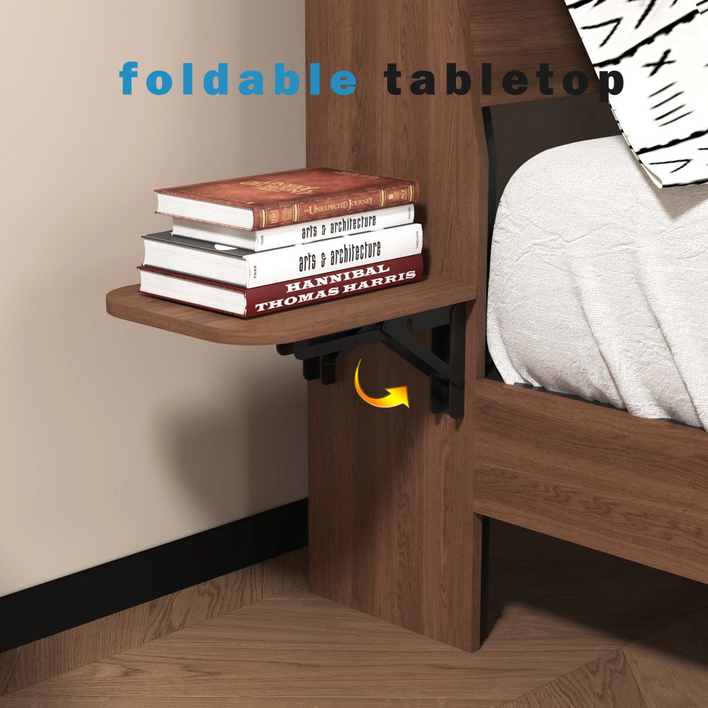Wood Platform Bed with Bookshelf Storage Headboard