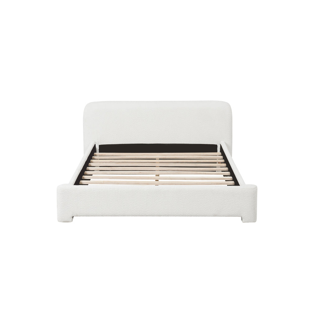 White Boucle Upholstered Low Profile Platform Bed