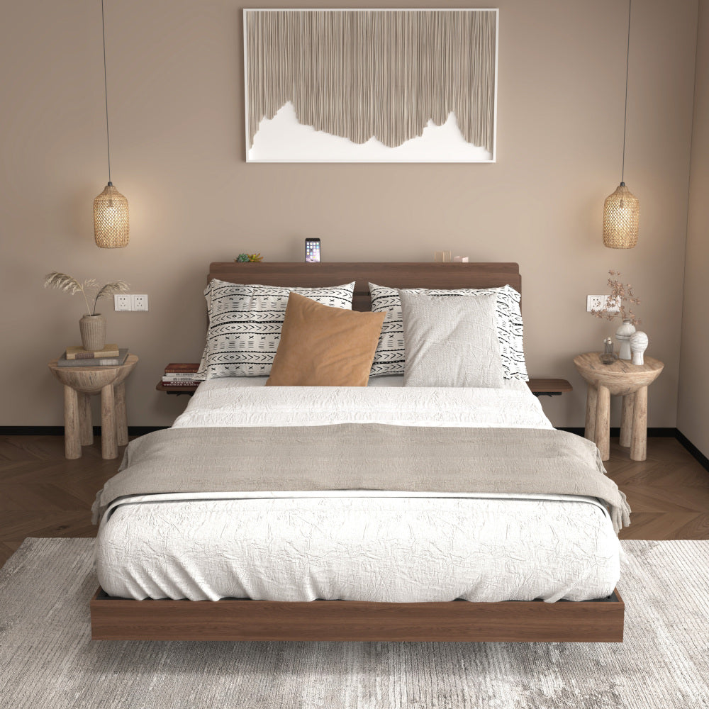 Wood Platform Bed with Bookshelf Storage Headboard