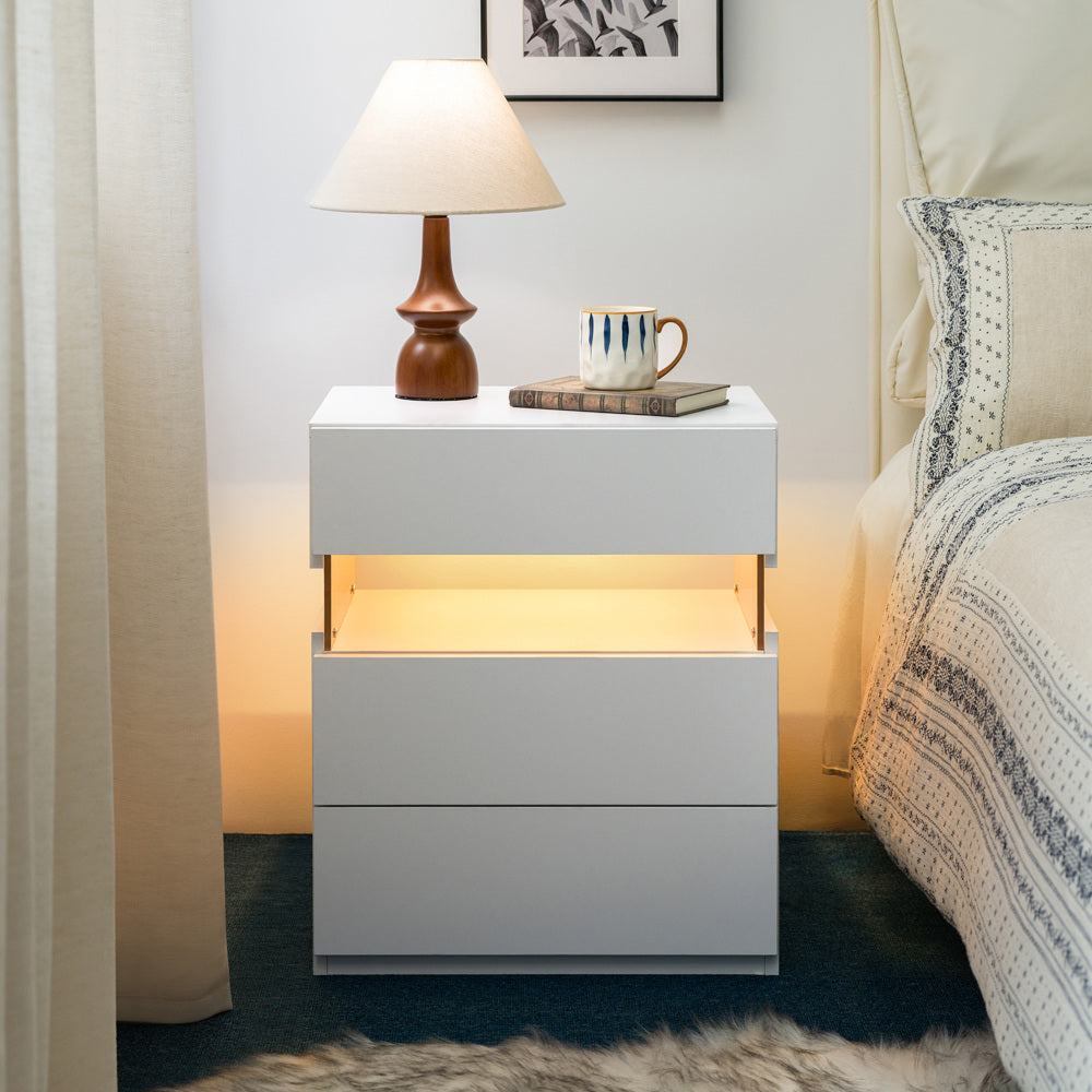 LED Nightstand with 3 Drawers & Acrylic Board — Multi-Color RGB LED Bedside Table | Modern Dresser | Spacious Nightstand Storage | Remote-Controlled Lighting | Bedroom, Living Room & Dorm | Particle Board + MDF | Grey+Gold
