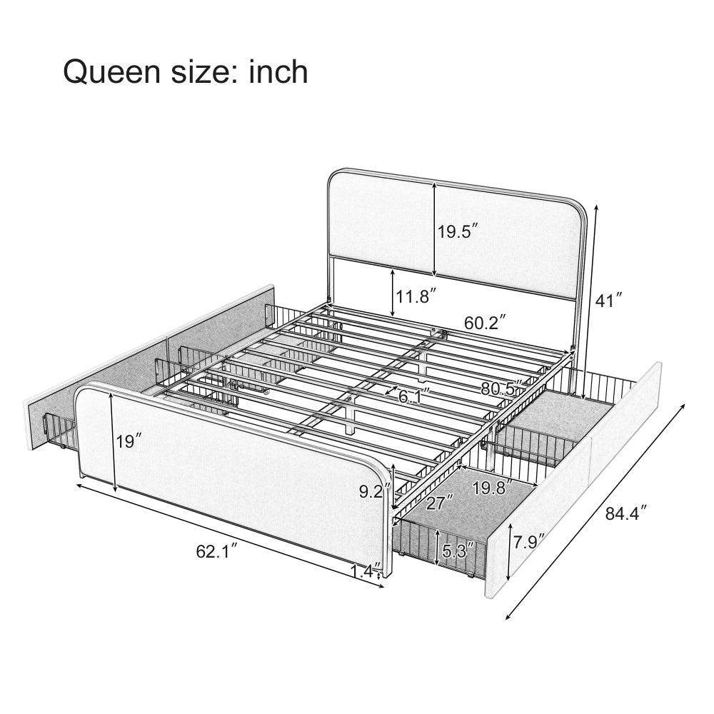 Upholstered Platform Bed with 4 Storage Drawers