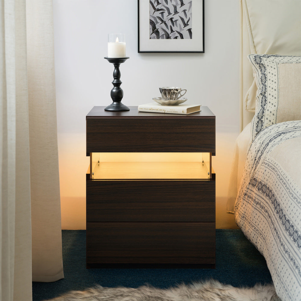 LED Nightstand with 3 Drawers & Acrylic Board — Multi-Color RGB LED Bedside Table | Modern Dresser | Spacious Nightstand Storage | Remote-Controlled Lighting | Bedroom, Living Room & Dorm | Particle Board + MDF | Grey+Gold
