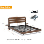 Wood Platform Bed with Bookshelf Storage Headboard