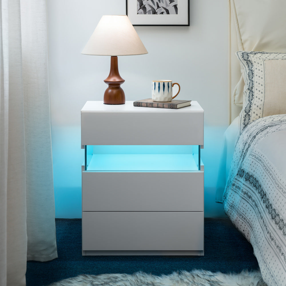 LED Nightstand with 3 Drawers & Acrylic Board — Multi-Color RGB LED Bedside Table | Modern Dresser | Spacious Nightstand Storage | Remote-Controlled Lighting | Bedroom, Living Room & Dorm | Particle Board + MDF | Grey+Gold