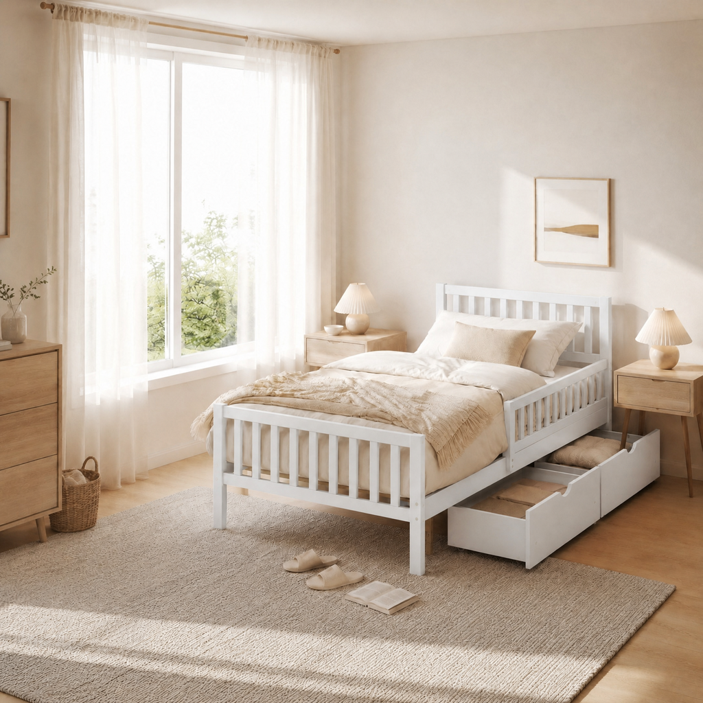 Wood Platform Bed with Guardrails on Both Sides