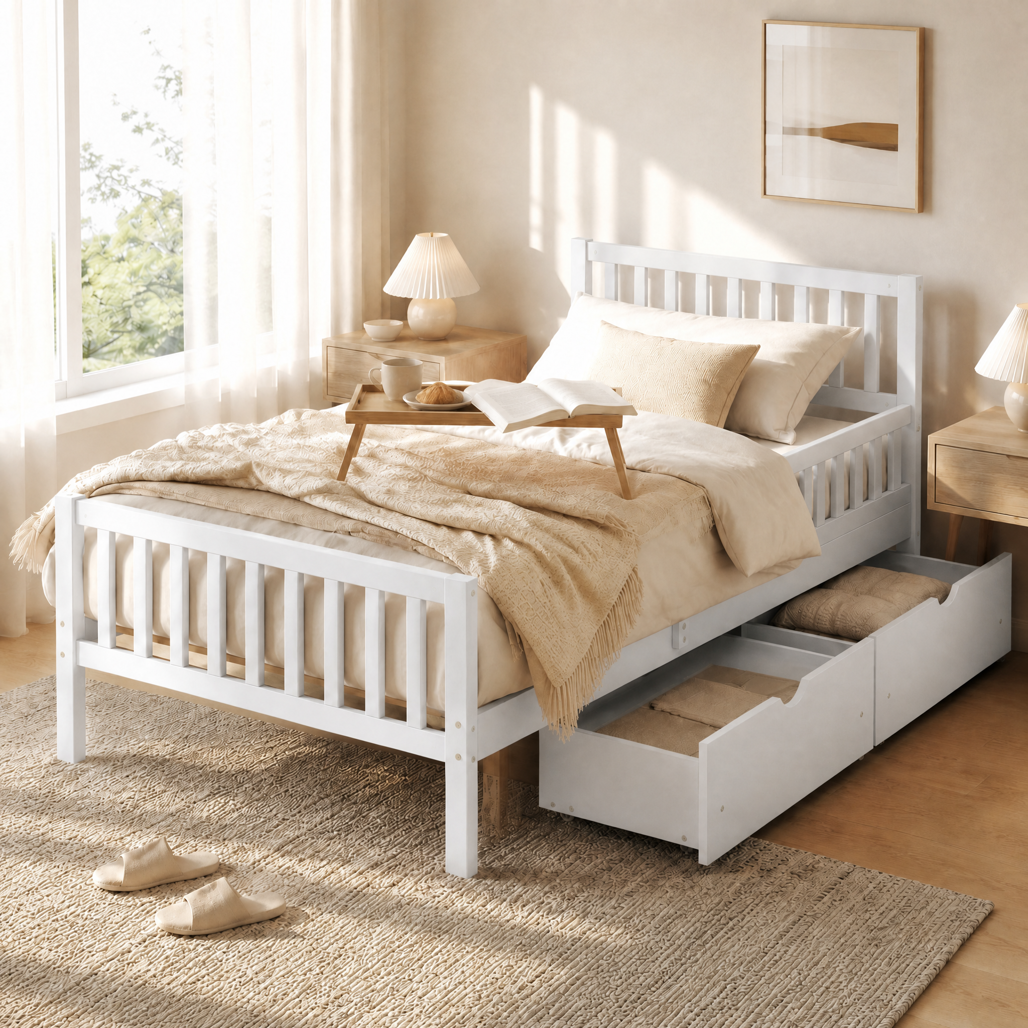 Wood Platform Bed with Guardrails on Both Sides