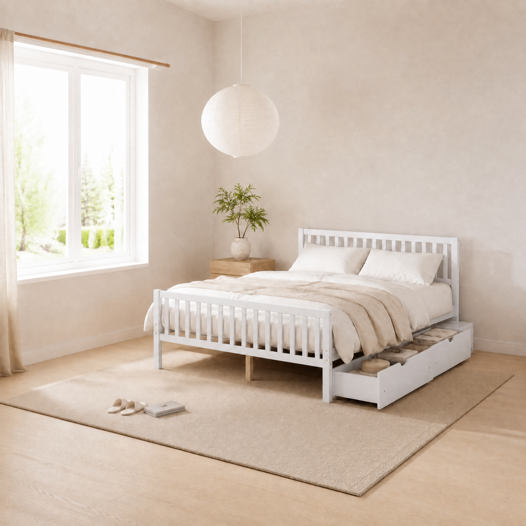 Wood Platform Bed with Guardrails on Both Sides