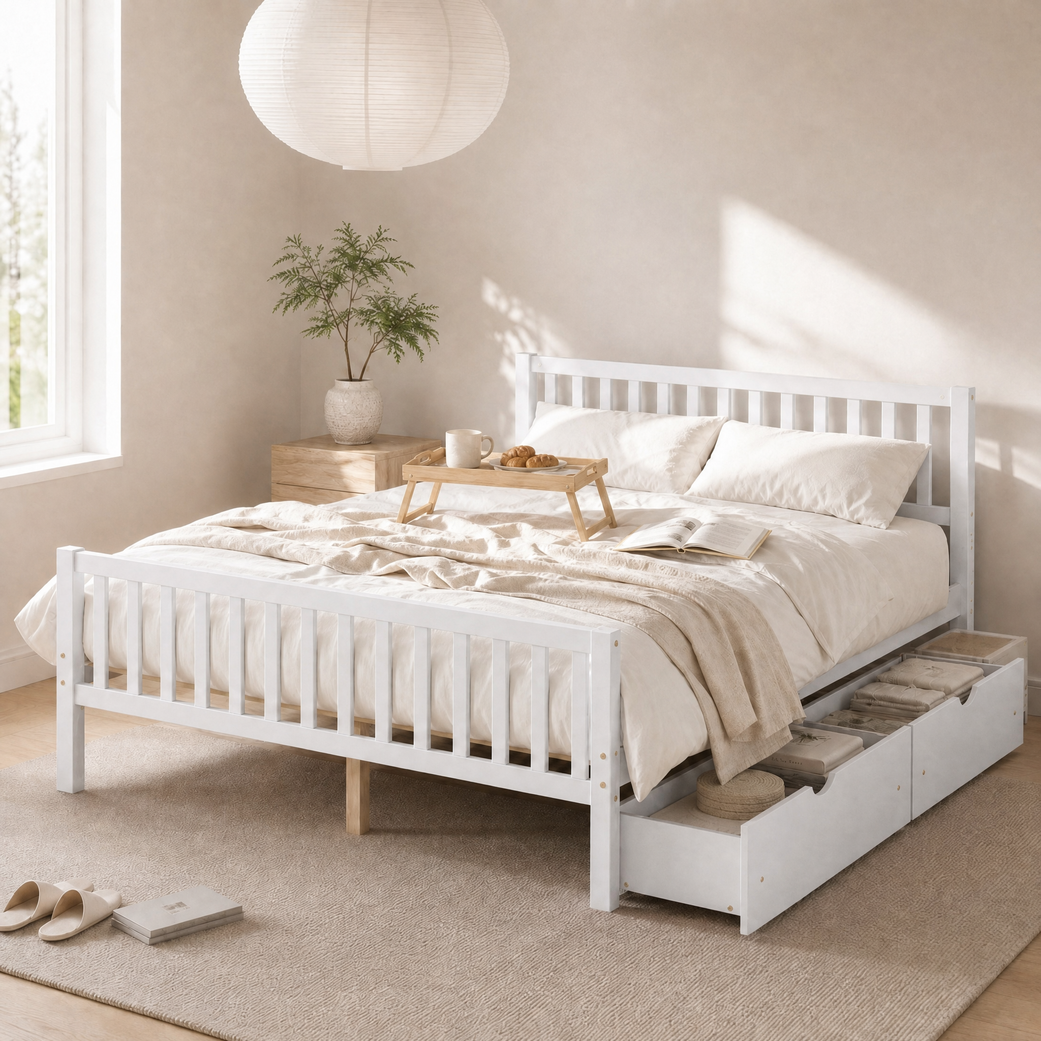 Wood Platform Bed with Guardrails on Both Sides