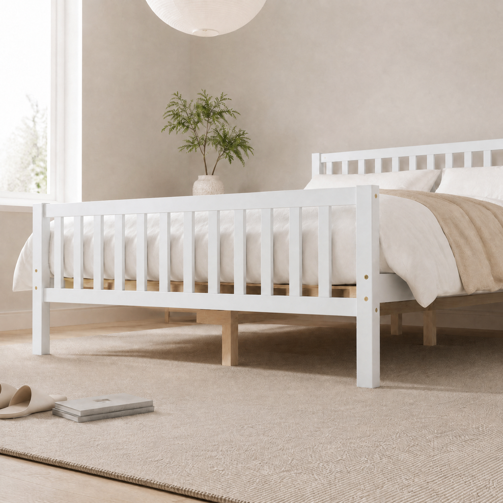 Wood Platform Bed with Guardrails on Both Sides