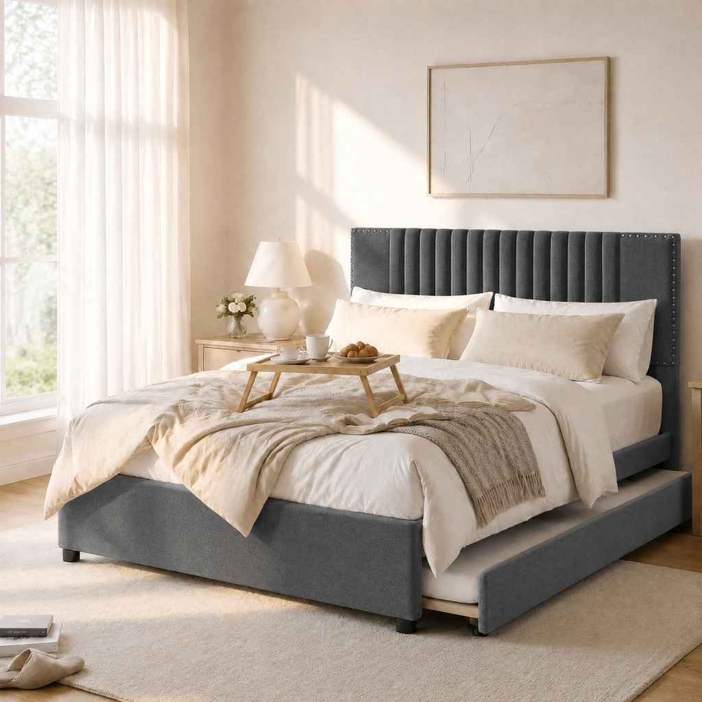 Upholstered Platform Bed with 2 Storage Drawers