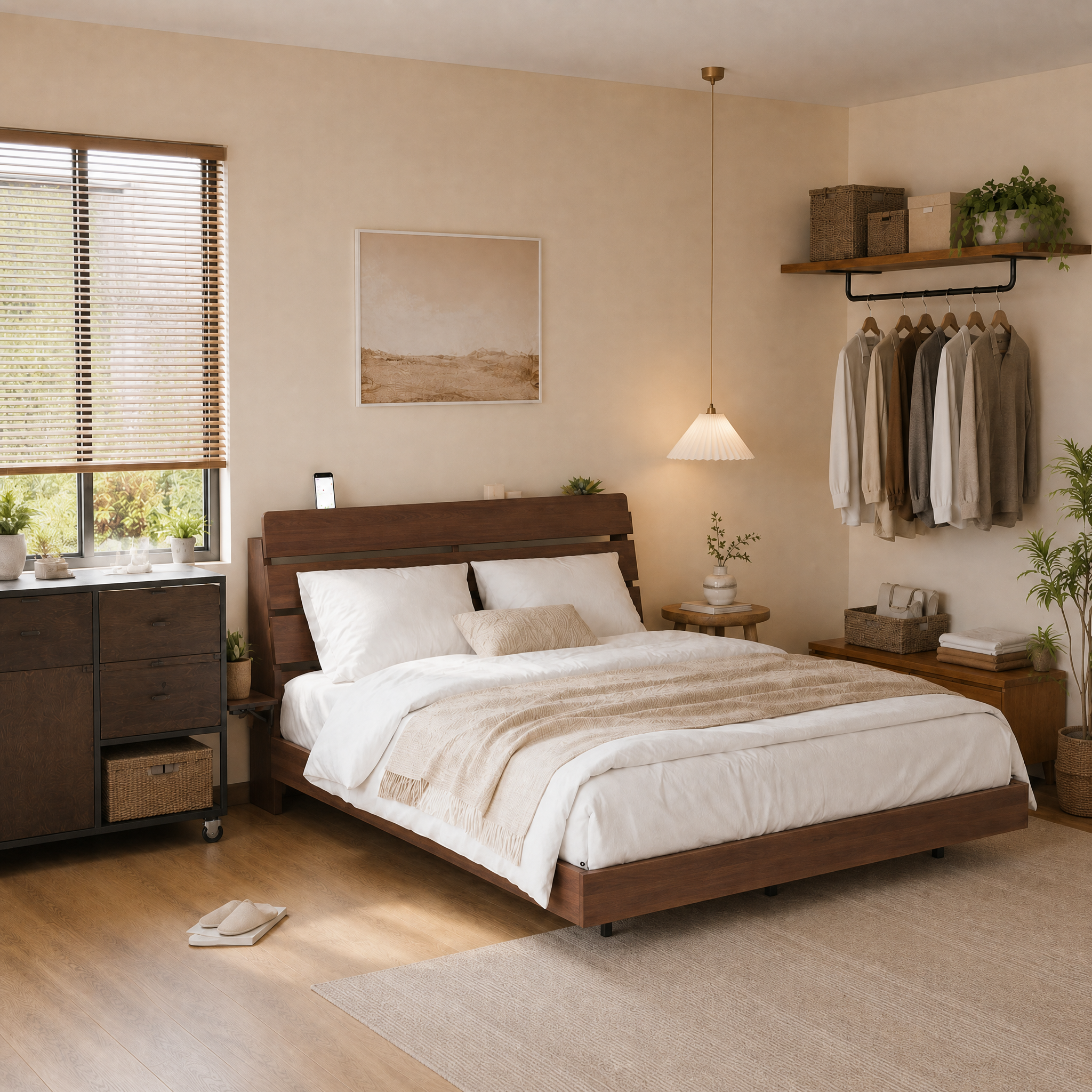 Wood Platform Bed with Bookshelf Storage Headboard