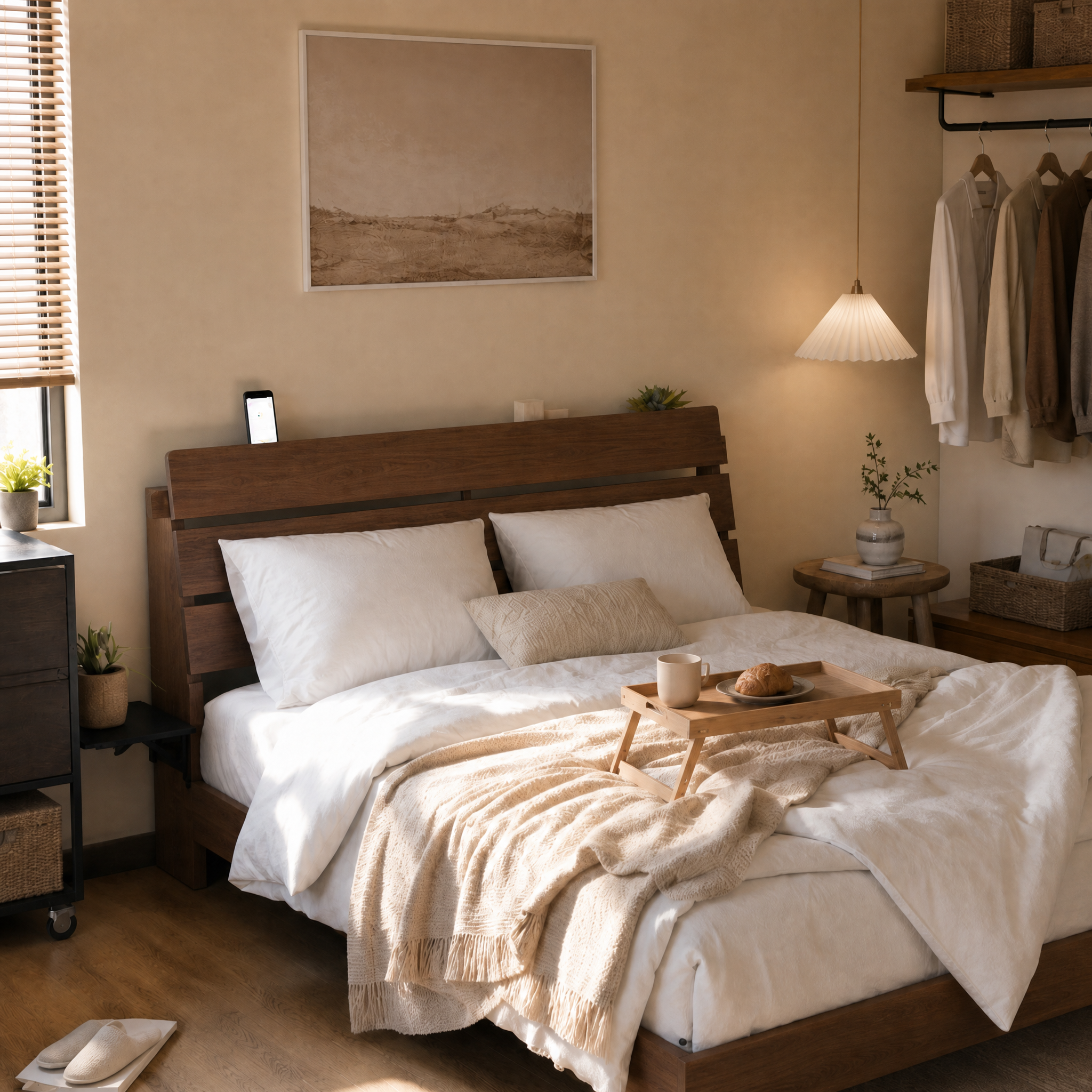 Wood Platform Bed with Bookshelf Storage Headboard