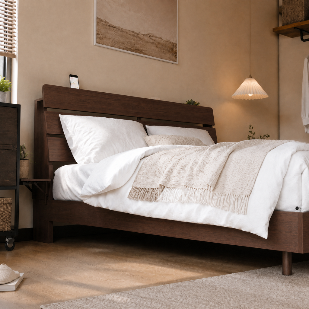 Wood Platform Bed with Bookshelf Storage Headboard