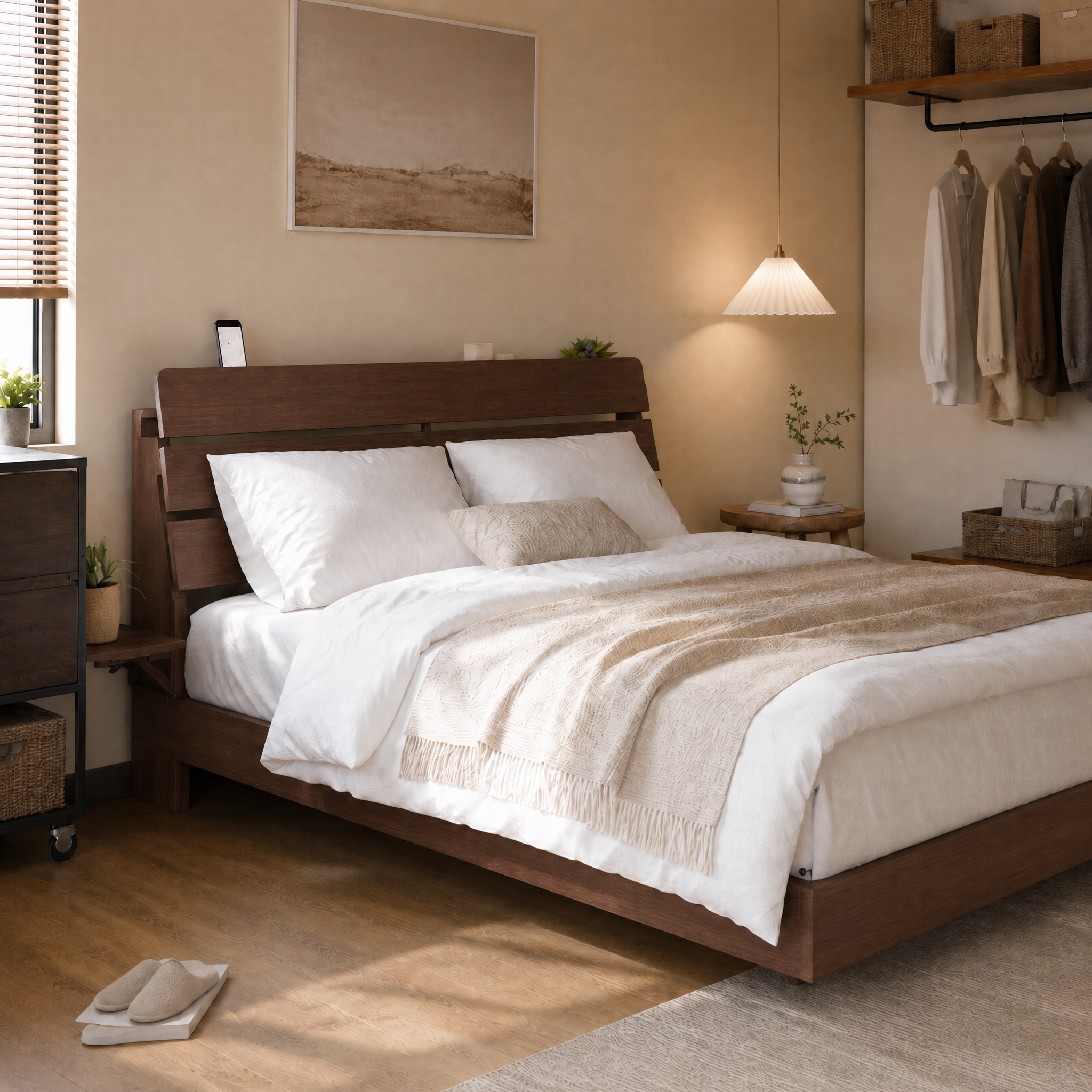 Wood Platform Bed with Bookshelf Storage Headboard