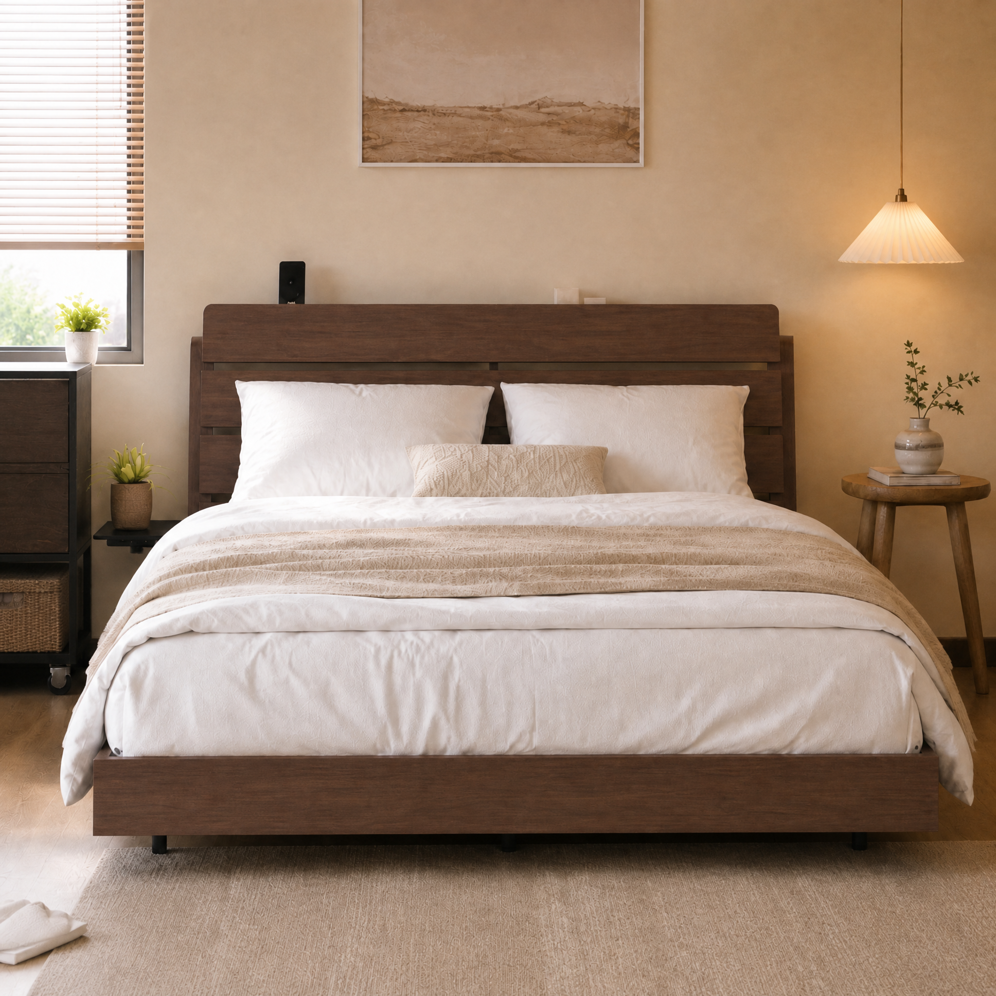 Wood Platform Bed with Bookshelf Storage Headboard