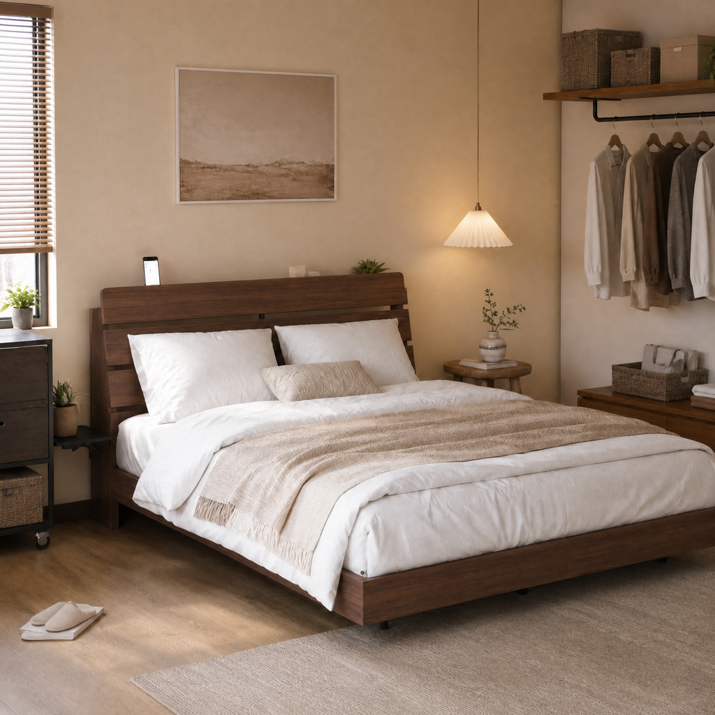 Wood Platform Bed with Bookshelf Storage Headboard