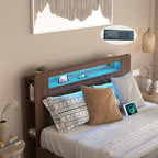 Wood Platform Bed with Bookshelf Storage Headboard