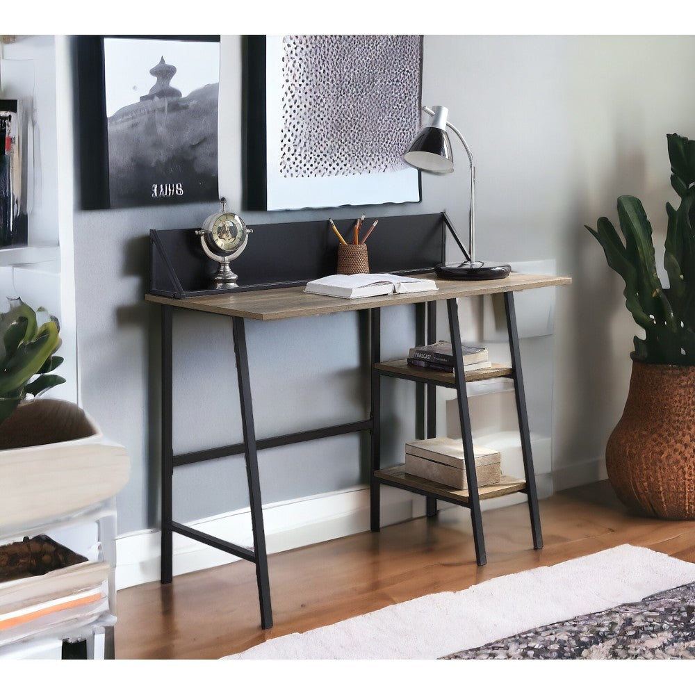 Rustic Oak and Black 2-Shelf Writing Desk