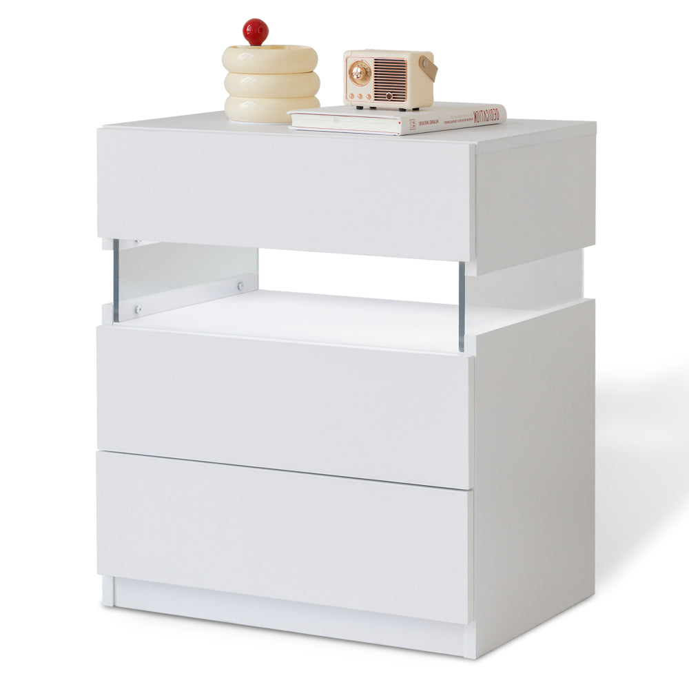 LED Nightstand with 3 Drawers & Acrylic Board — Multi-Color RGB LED Bedside Table | Modern Dresser | Spacious Nightstand Storage | Remote-Controlled Lighting | Bedroom, Living Room & Dorm | Particle Board + MDF | Grey+Gold
