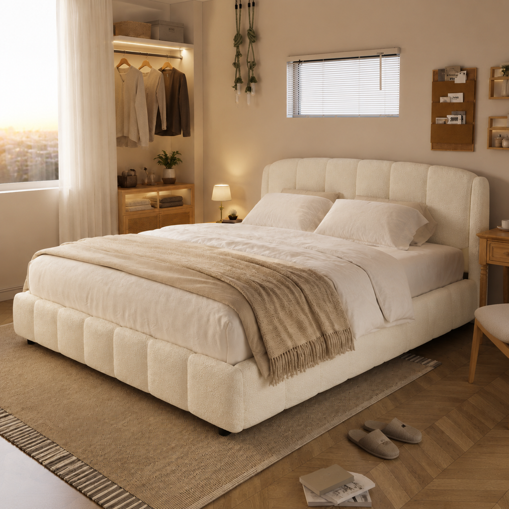 Boucle Upholstered Platform Bed
