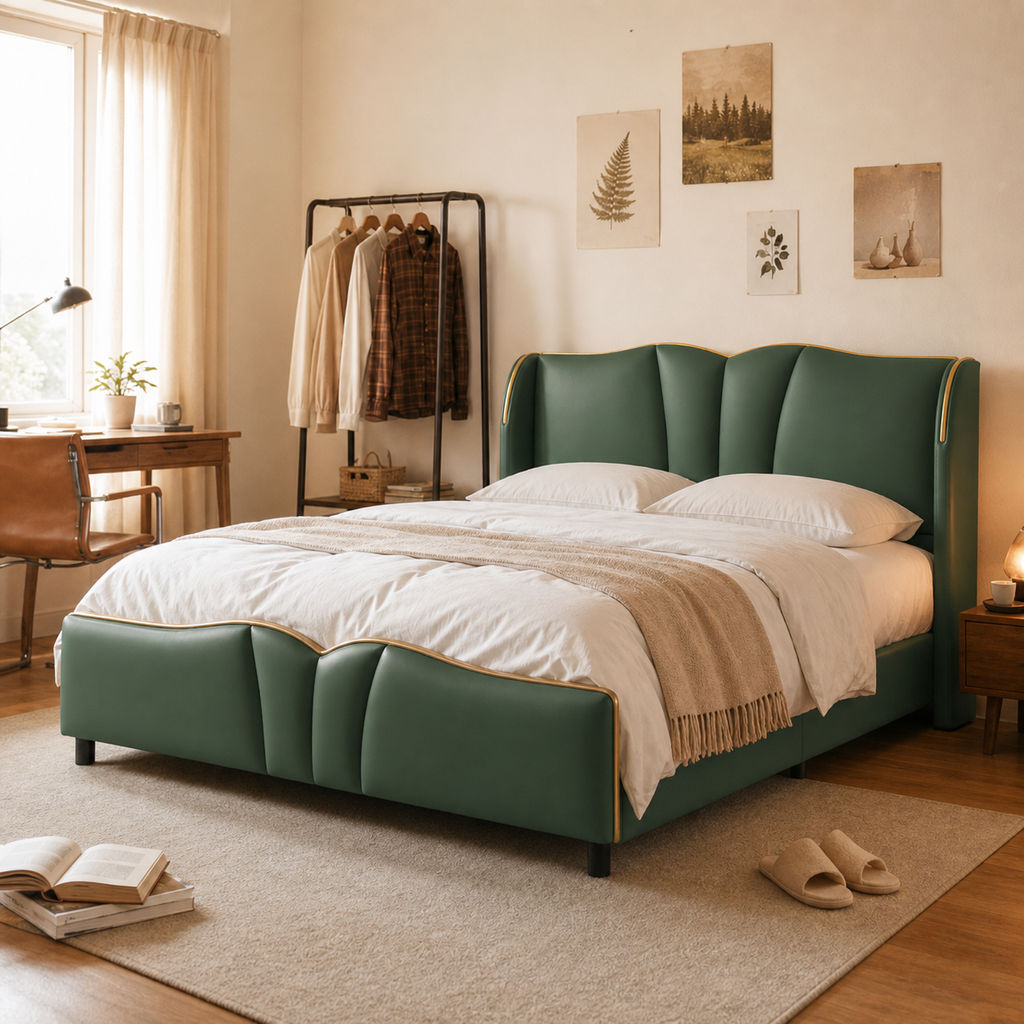 PU Leather Wingback Platform Bed
