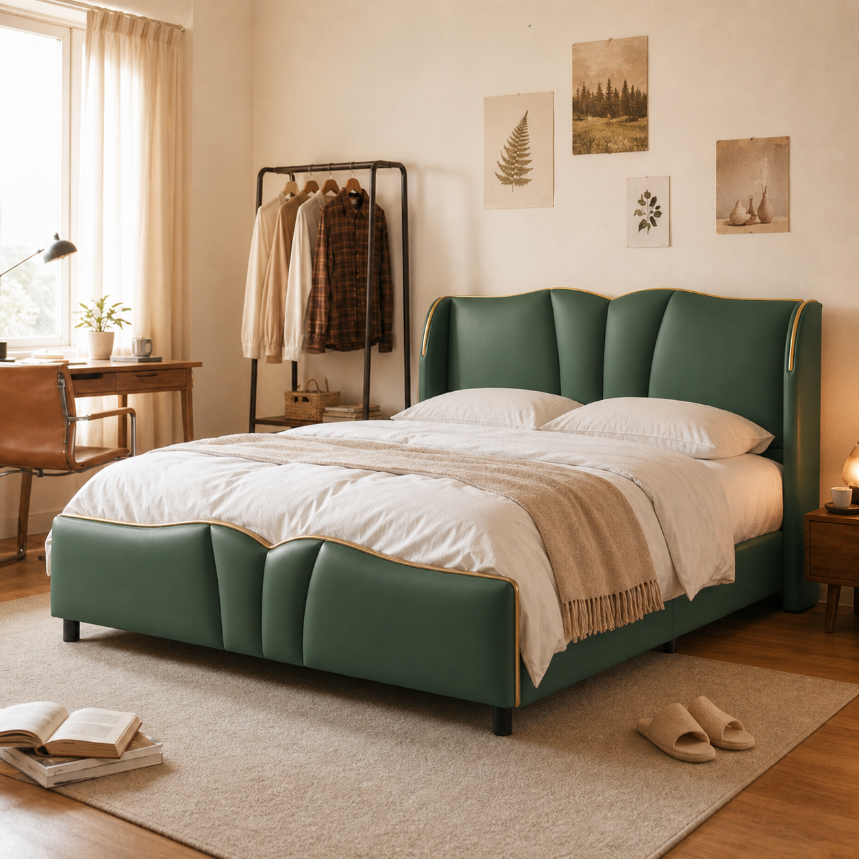 PU Leather Wingback Platform Bed