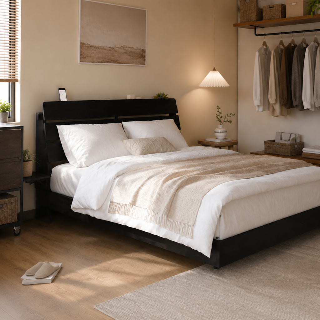 Wood Platform Bed with Bookshelf Storage Headboard