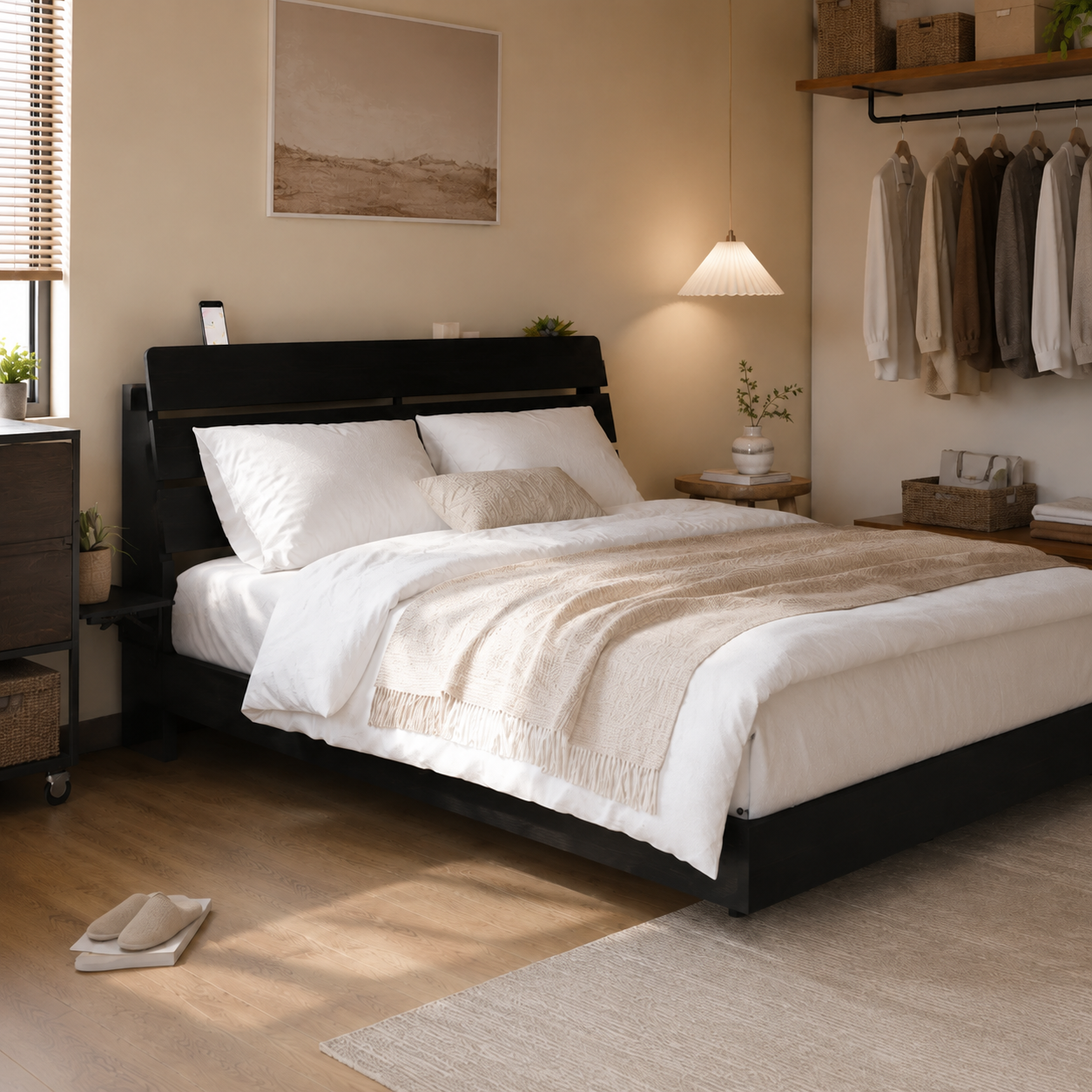 Wood Platform Bed with Bookshelf Storage Headboard