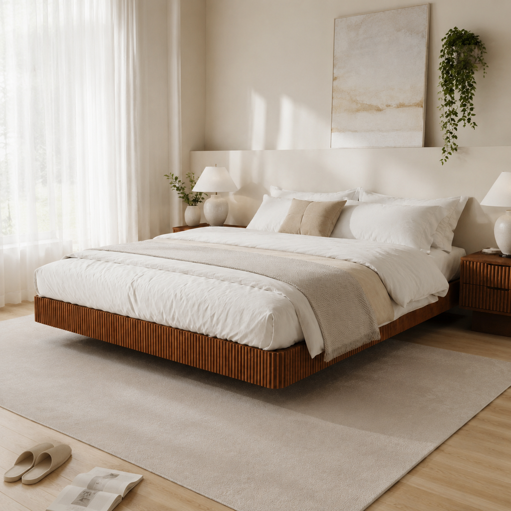 Oak King Floating Bed Frame with LED Lights