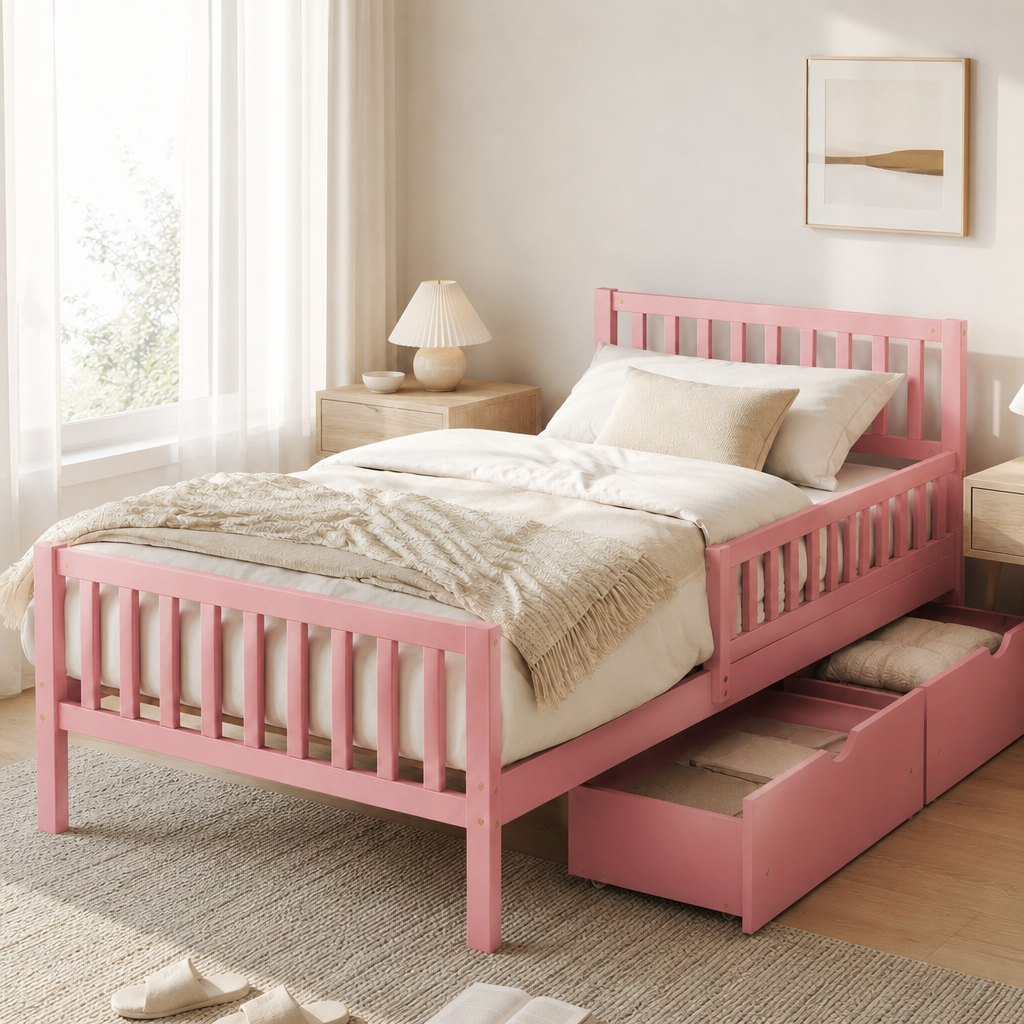 Wood Platform Bed with Guardrails on Both Sides