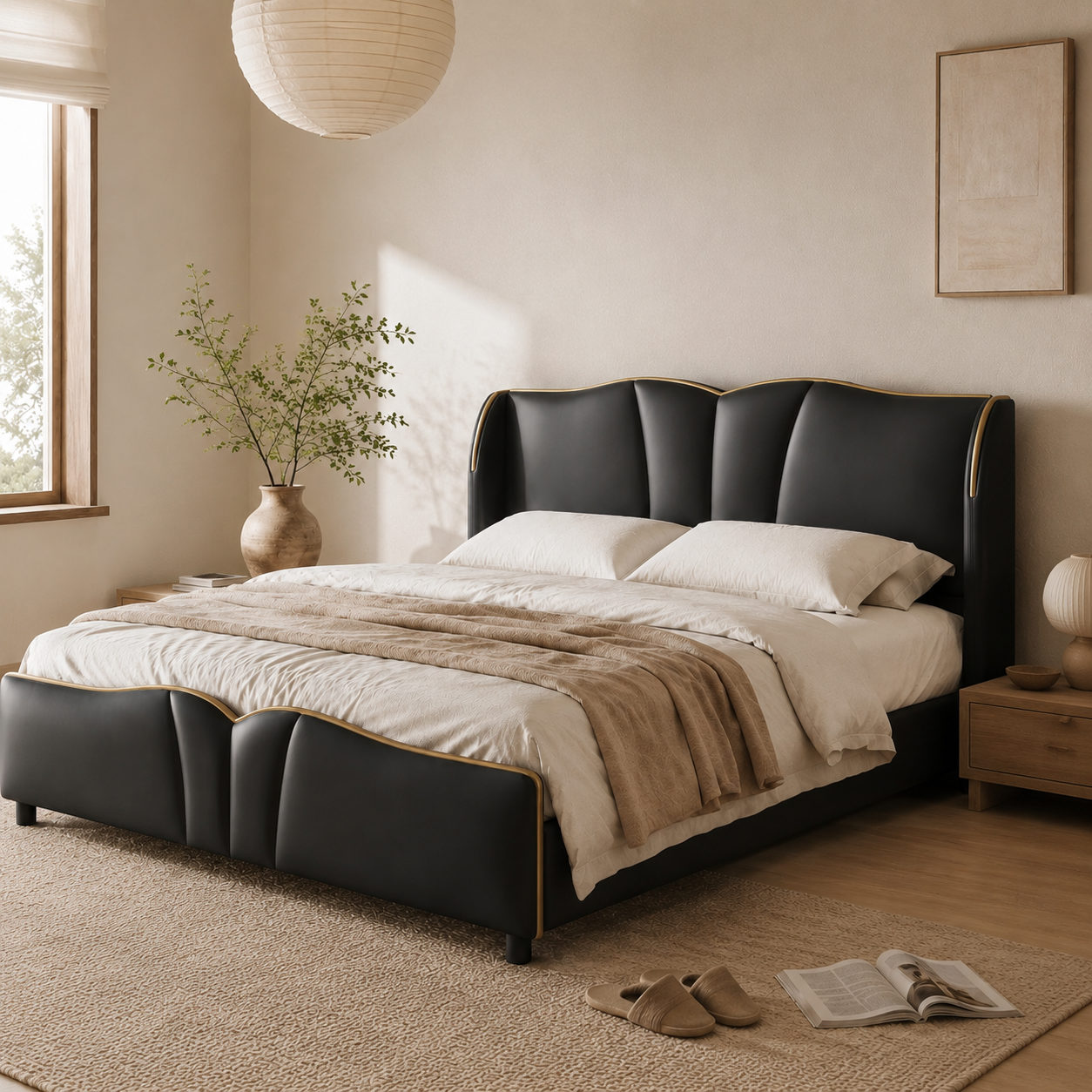 PU Leather Wingback Platform Bed