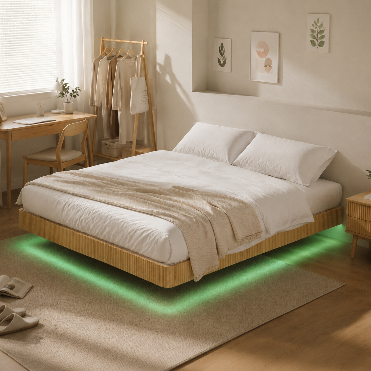 Oak King Floating Bed Frame with LED Lights