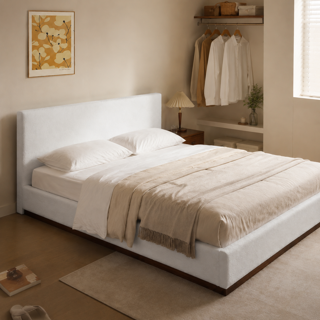 White Boucle Upholstered Platform Bed