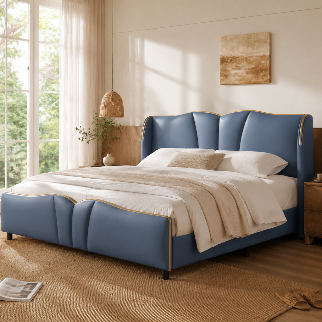 PU Leather Wingback Platform Bed