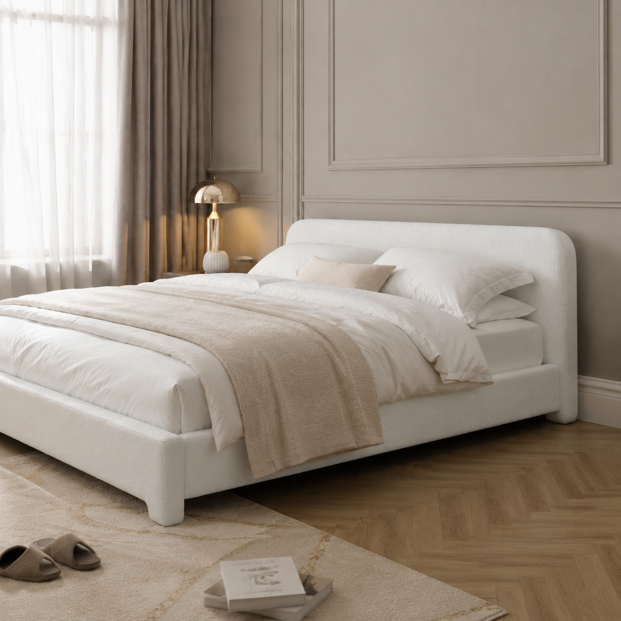 White Boucle Upholstered Low Profile Platform Bed